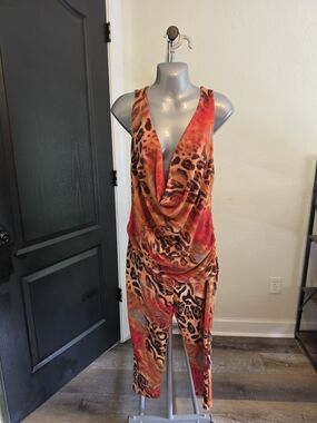 Fashion Nova Orange Red Animal Print Capris Jumpsuit